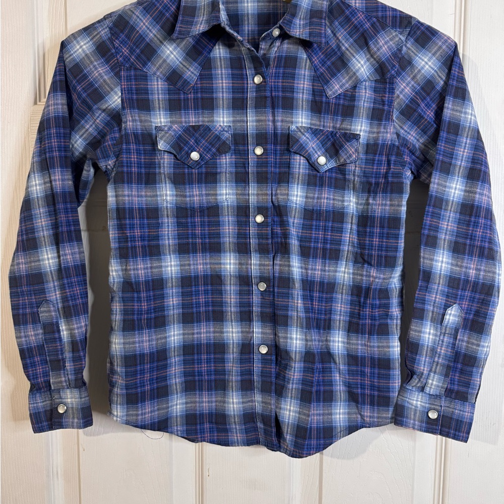 Wrangler Blue and Gray Plaid Kids Button Down Shirt